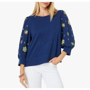 Lilly Pulitzer Womens Corden Knit Sweatshirt Embroidered Sleeves Blue Size Large